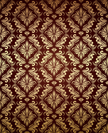 Vector decorative golden seamless floral ornament on a dark-red backgroundのイラスト素材