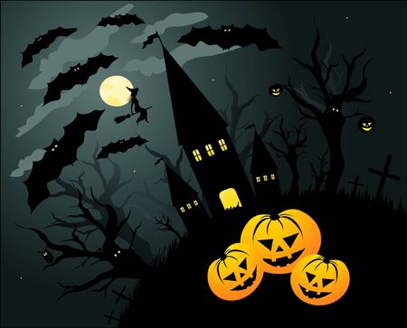 Halloween illustration background with bats, witch and pumpkin の写真素材