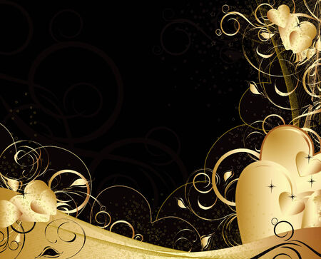 Black and gold valentines background with hearts, pattern, ornament and starsのイラスト素材