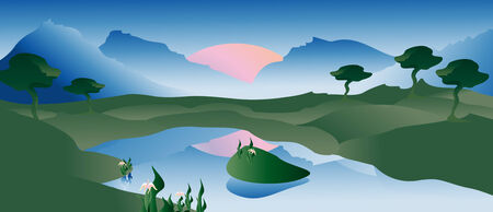 Vector landscape with a lake, mountains and sunsetのイラスト素材
