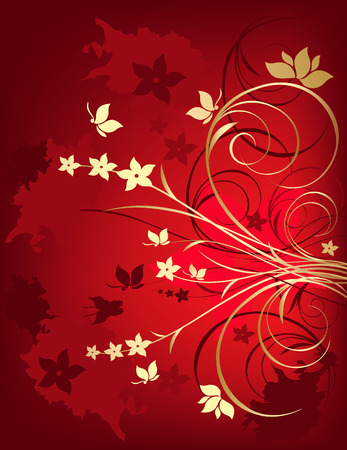 Grunge red and gold floral background with butterflyのイラスト素材