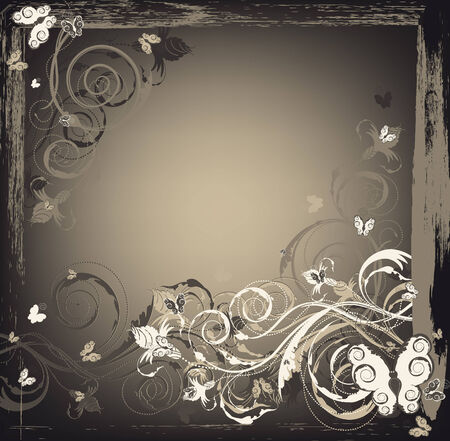 Grunge decorative background with floral design and butterflyのイラスト素材