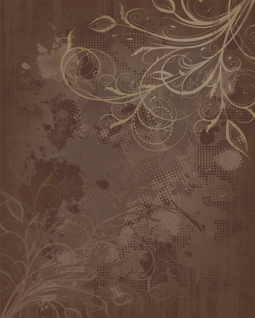 Grunge Vector Floral Brown And Golden Background With Ornate Designのイラスト素材