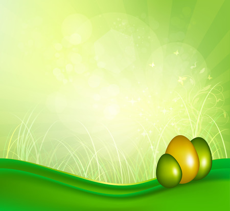 Summer Background With Grass, Sun Shiny And Easter Eggsのイラスト素材
