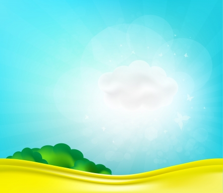 Summer Illustrated Landscape With Meadow And Cloudletのイラスト素材