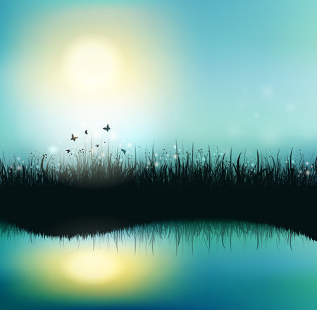 Summer Background With Grass, Sun Shiny And Butterfliesのイラスト素材
