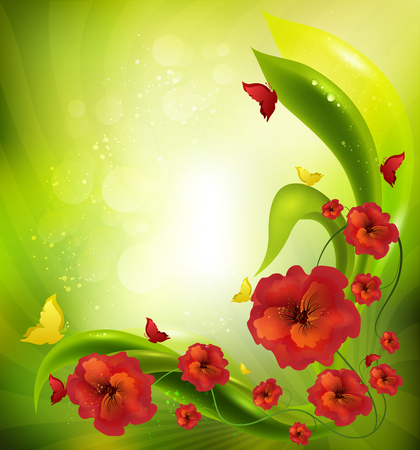 Summer Background With Grass, Flowers And Butterfliesのイラスト素材