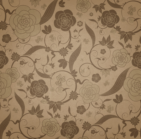 Floral Vintage Background With Plant, Flowers And Butterflyのイラスト素材