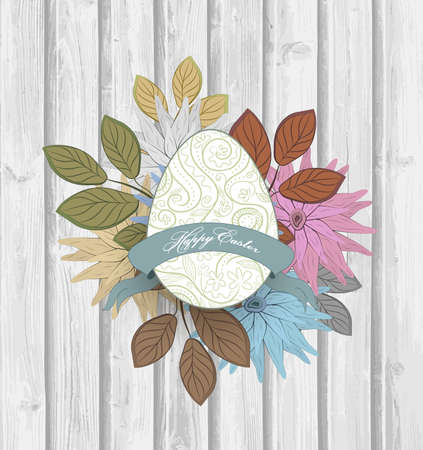 Wooden Easter Grunge Background With Flowers And Eggのイラスト素材