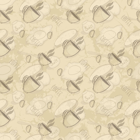 Seamless Abstract Grunge Pattern With Cup Of Coffee, Coffee Beans, Scrambled Eggs And Breadのイラスト素材