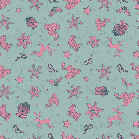 Abstract Holiday Christmas Cute Design Seamless Pattern With Gift, Santa's Hat, Stars And Snowflakesの写真素材