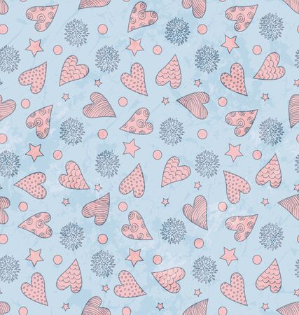 Abstract Seamless Grunge Valentine's Cute Pattern With Hearts, Flowers And Starsのイラスト素材