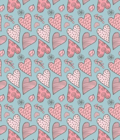 Abstract Seamless Valentine's Cute Pattern With Hearts, Flowers And Leavesのイラスト素材