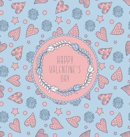 Abstract Valentine's Card With Seamless Cute Pattern With Hearts, Flowers And Starsのイラスト素材