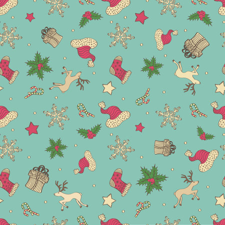 Abstract Holiday Christmas Cute Design Seamless Pattern With Gift, Santa's Hat, Stars And Snowflakesのイラスト素材