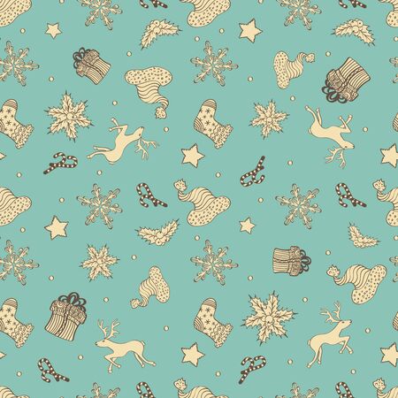 Abstract Holiday Christmas Cute Design Seamless Pattern With Gift, Santa's Hat, Stars And Snowflakesのイラスト素材