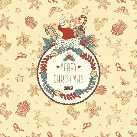 Abstract Christmas Cute Design Background With Holiday Seamless Pattern With Gift, Santa's Hat, Stars And Snowflakesのイラスト素材