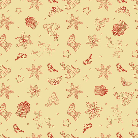 Abstract Holiday Christmas Cute Design Seamless Pattern With Gift, Santa's Hat, Stars And Snowflakesのイラスト素材
