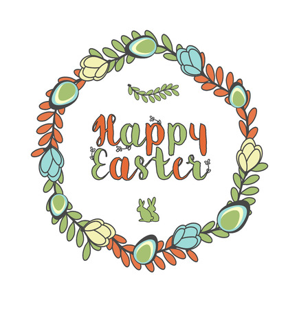 Abstract Holiday Easter Cute Card With Flowers, Eggs And Bunnyのイラスト素材