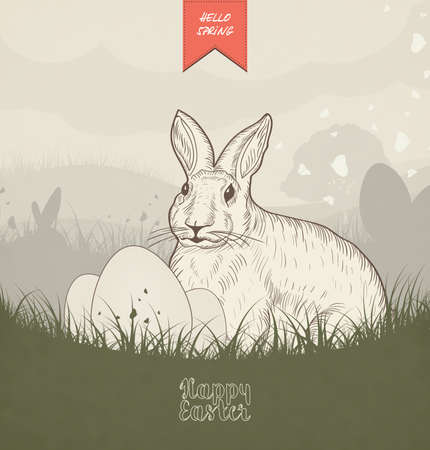 Hand drawn grunge Easter card with Easter Bunny, grass, butterflies, Easter eggs and fieldのイラスト素材