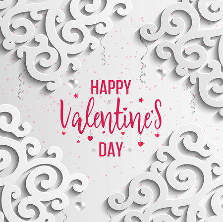 Happy Valentines Day greeting card. Vector template. Romantic poster with 3d pattern, hearts. Love, poster, banner. のイラスト素材