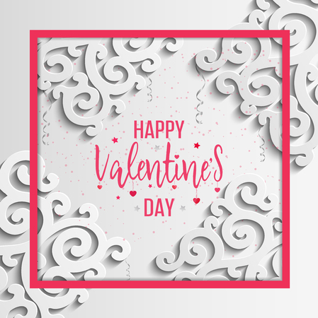 Happy Valentines Day greeting card. Vector template. Romantic poster with 3d pattern, hearts. Love, poster, banner. のイラスト素材