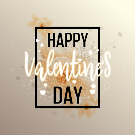 Happy Valentines Day greeting card. Vector template. Romantic poster with frame, flowers and hearts. Love, poster, banner. のイラスト素材
