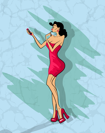 Glamorous lady in red dress and red shoes makes selfie on her phoneのイラスト素材