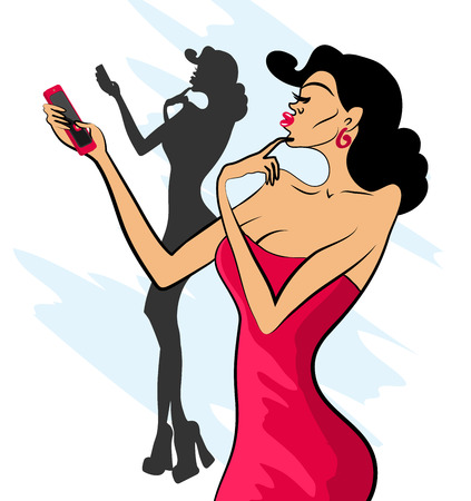 Glamorous lady in red dress and red shoes makes selfie on her phone.のイラスト素材
