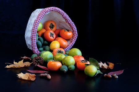Fruits in basket: persimmons, lemons, pineapple guava with autumn leaves. Lemon Fresh fruit Persimmon Feijoa Fern Wicker basket Dark background Handsの写真素材
