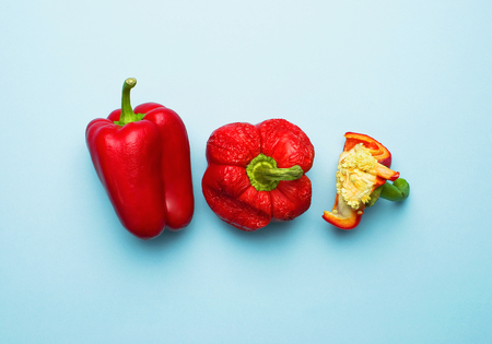 Fresh red Bulgarian pepper and shriveled dried pepper. Fresh pepper, health.の写真素材