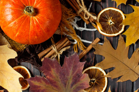 Orange pumpkin, cinnamon, slices of dried orange, autumn colorful leaves and checkered plaid on a...