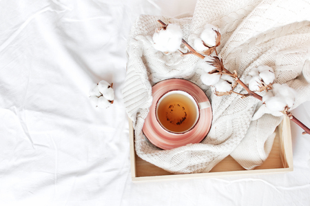 Cup of hot tea, wooden tray, branch of delicate cotton and knitted plaid sweater in bed. Cozy morning breakfast at home Lifestyle gentle female background Copy Space autumn winter conceptの写真素材