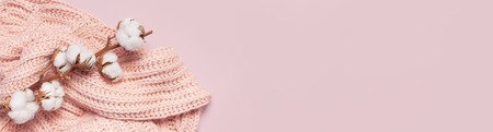 Female pink knitted sweater pullover and branch of cotton on pastel pink background top view flat lay Fashion Lady Clothes Jumper Autumn winter clothes fashion look Delicate cotton flowers Lifestyle.の写真素材