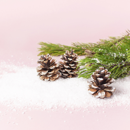 Christmas background, green pine branches, cones decorated with snow on snowy pink background. Creative composition with border and copy space design. New Year's, holiday, christmas decorationの写真素材