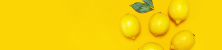 Ripe juicy lemons and green leaves on bright yellow background. Lemon fruit, citrus minimal concept, vitamin C. Creative summer food minimalistic background. Flat lay, top view, copy spaceの写真素材