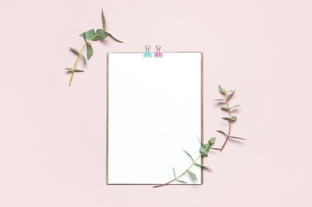 Flat lay clipboard with blank paper, green eucalyptus branches on pastel pink background. Top view female office workspace minimal mock up template concept, copy space. Feminine floral desktop.の写真素材