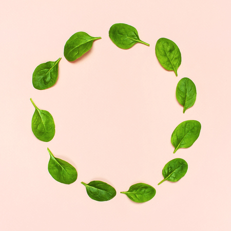 Fresh green spinach leaves in the shape of circle on pink background Flat lay top view copy space. Creative food concept. Ingredient for salad. Vegetable design. Healthy lifestyleの写真素材