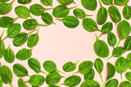 Frame of fresh green spinach leaves on pink background Flat lay top view. Creative food concept. Ingredient for salad. Vegetable pattern design. Healthy lifestyleの写真素材