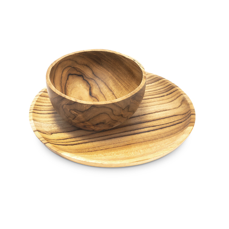 Empty round wooden plate and bowl isolated on white background top view. Handcrafted cooking utensils, dishes from natural materials, kitchen interior itemsの写真素材