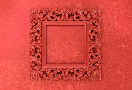Living Coral carved openwork frame for picture or photo on abstract coral red background. Color of...