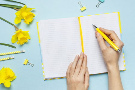 Women's hands, open blank notebook, pen, clips, spring flowers daffodils narcissus on blue background. Female desktop, Office desk, spring concept. Flat lay, top view, copy space. Template for blog.の写真素材