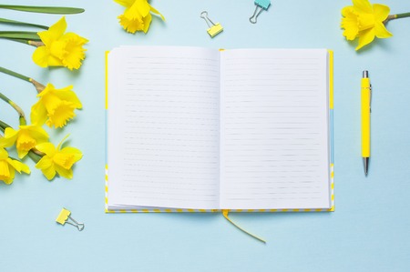 Open blank notebook, pen, clips, spring flowers daffodils narcissus on blue background. Female desktop, Office desk, spring concept. Flat lay, top view, copy space. Template for feminine blog.の写真素材