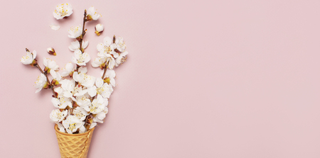 Waffle cone with bouquet of spring blooming branches of white flowers on pastel pink background. Creative spring minimal concept. Flat lay top view copy spaceの写真素材