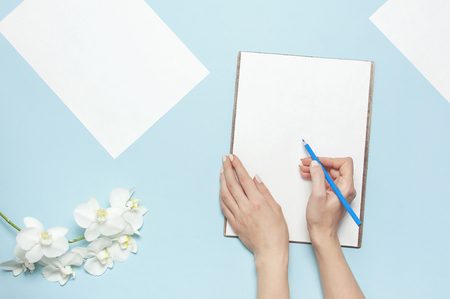 Woman's hands with gentle manicure holding pencil, blank white sheet of paper, branch of Phalaenopsis orchid flowers on blue background top view flat lay. Planning concept. Mockup for your design.の写真素材