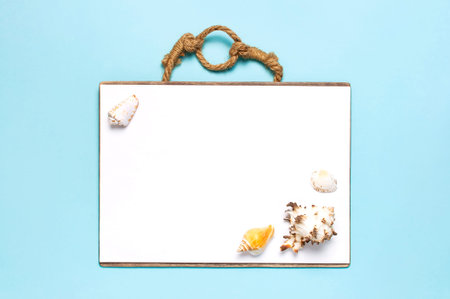 Summer concept, marine background. Seashells starfish, white blank sheet on pastel blue background....