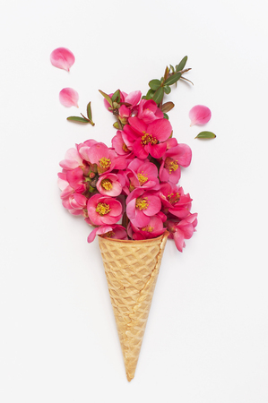 Waffle cone with bouquet of pink spring flowers on light background. Creative spring minimal concept. Flat lay top view copy space. Spring or summer mood concept.の写真素材