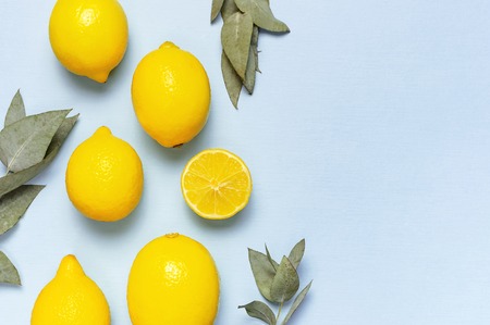 Ripe juicy lemons, eucalyptus twigs on pastel blue background. Lemon fruit, citrus minimal concept, vitamin C. Creative summer food minimalistic background. Flat lay, top view, copy spaceの写真素材