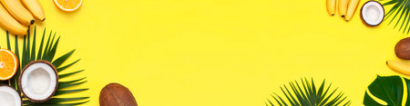 Summer tropical composition. Frame of Green tropical leaves of palm trees and monstera, coconut, orange, bananas on bright yellow background. Flat lay, top view, copy space. Fruit Background long banner.の写真素材