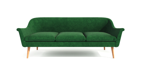 Green classic modern stylish sofa with wooden legs isolated on white background. Furniture, interior object, stylish sofa. Single piece of furnitureの写真素材
